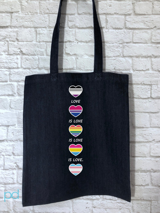 Love Is Love Is Love Tote Bag, Gay Pride Hearts Gift Idea, LGBTQ+ Flags in Hearts Organic Cotton Shopping Carrier