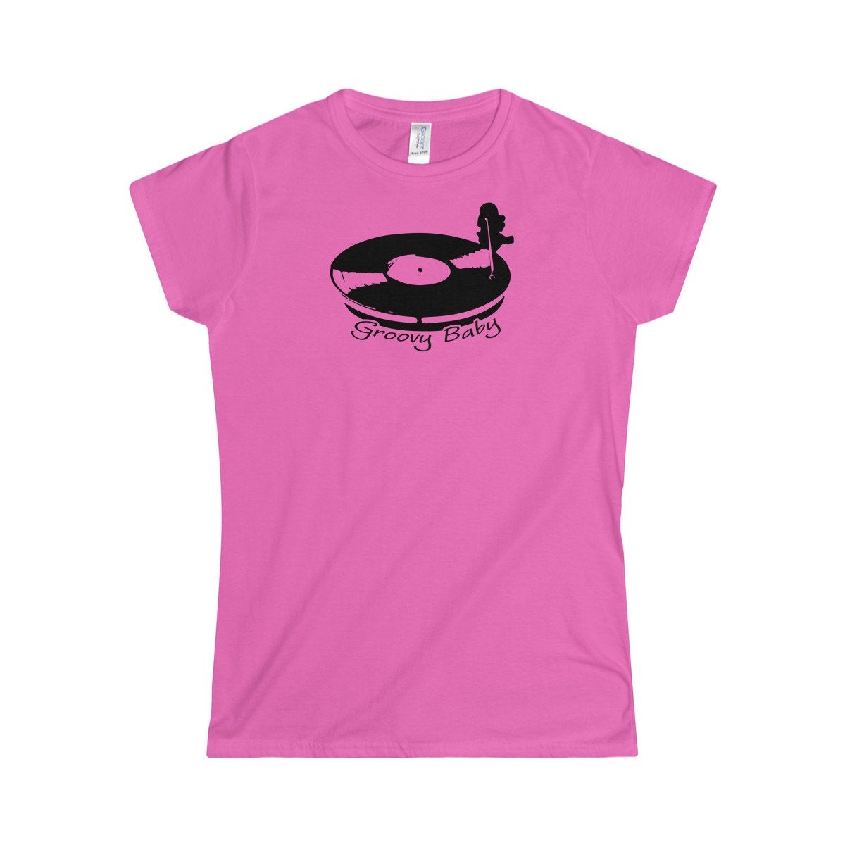 Record Player Turntable Top (Groovy Baby Black) Wax Disc DJ Funky Women&#39;s Softstyle Tee