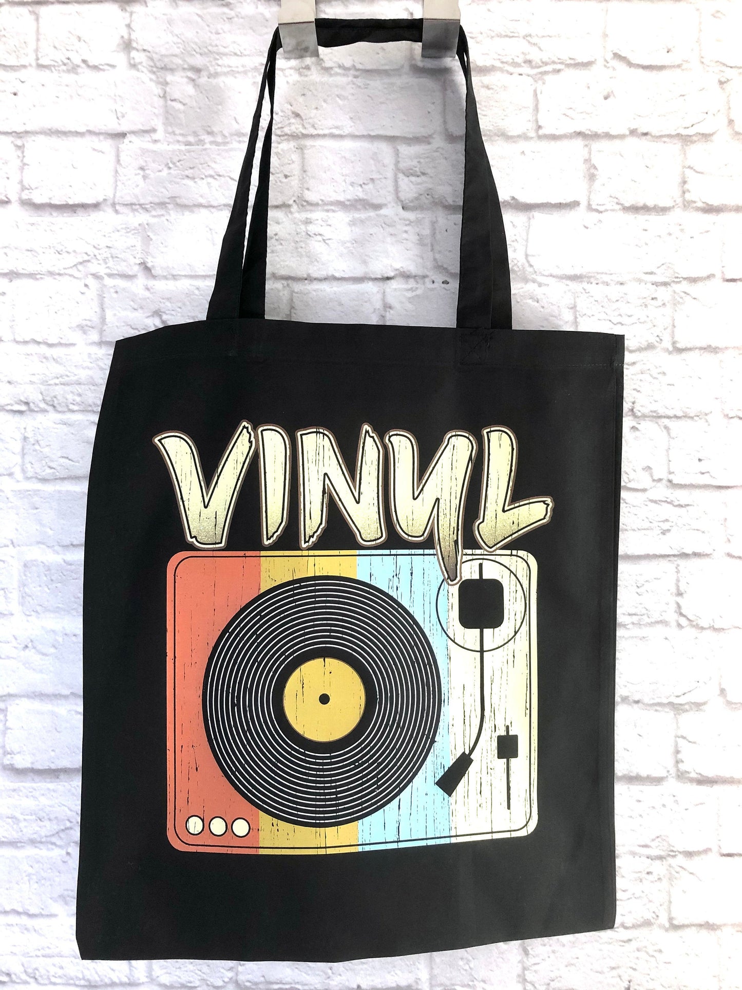 Record Player Tote Bag, Retro & Vintage Turntable Design Organic Cotton Bag for Carrying Records