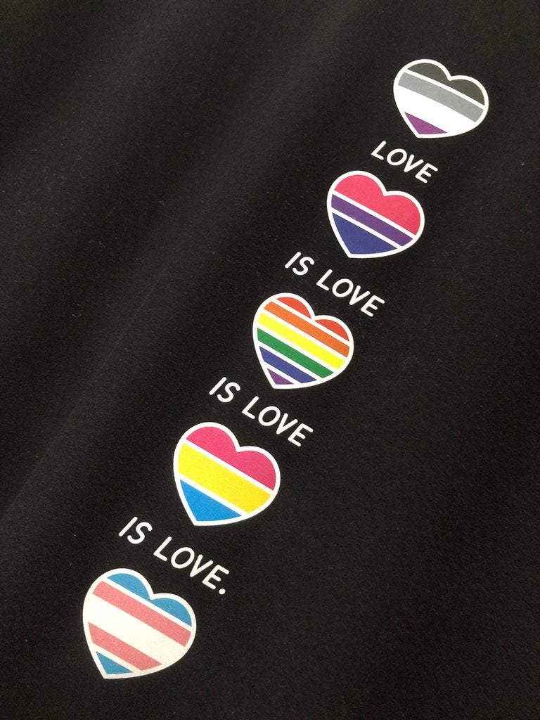 Love Is Love Is Love Tote Bag, Gay Pride Hearts Gift Idea, LGBTQ+ Flags in Hearts Organic Cotton Shopping Carrier