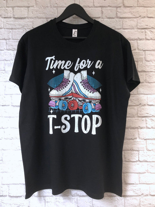 Roller Derby Skater T-Shirt, Time For A T-Stop, Roller Skates Graphic Print Tee Shirt Top