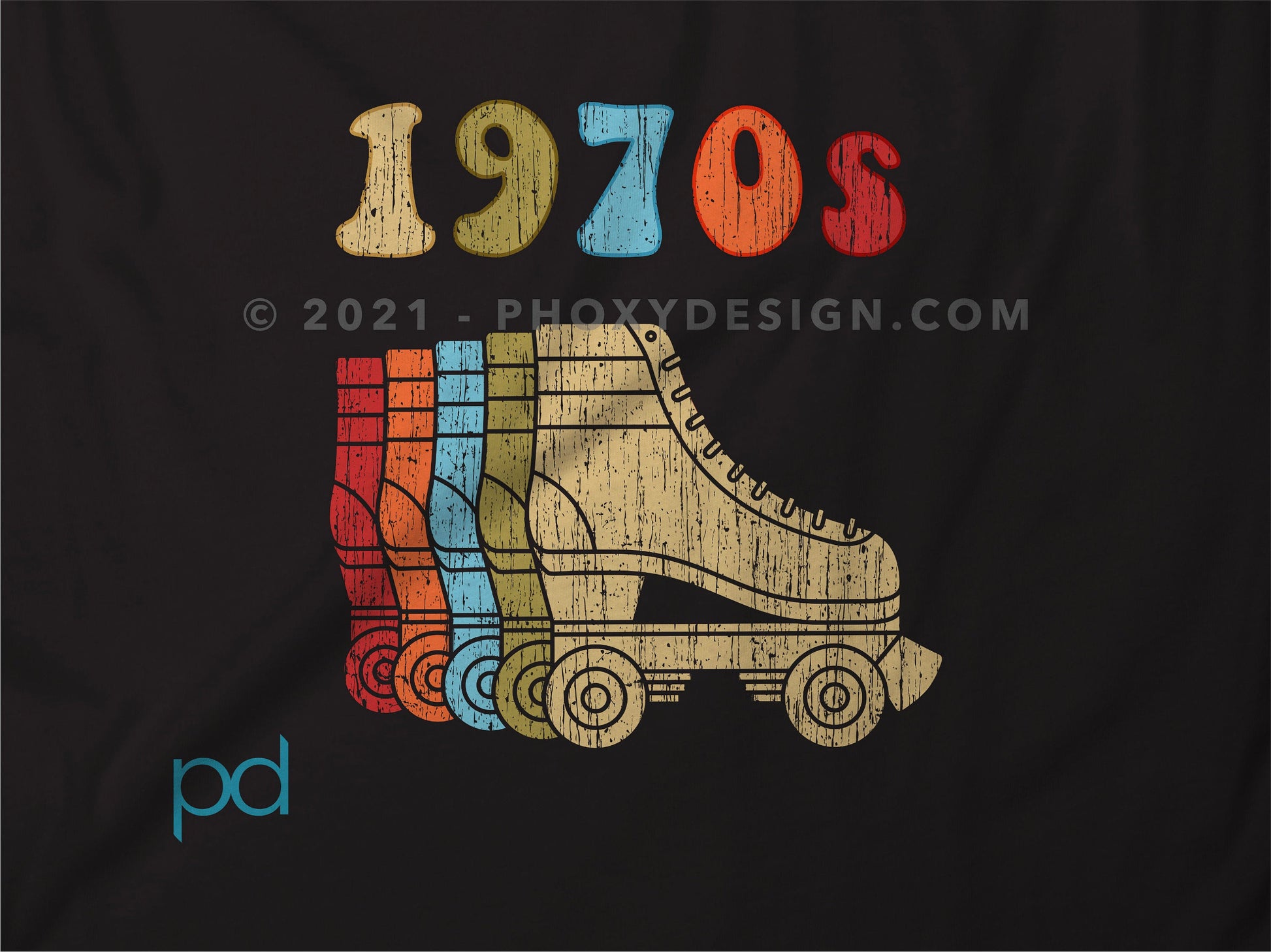 1970s Roller Skates T-Shirt, Repeating 70s Disco Derby Retro Vintage Worn Classic T Shirt Tee Top