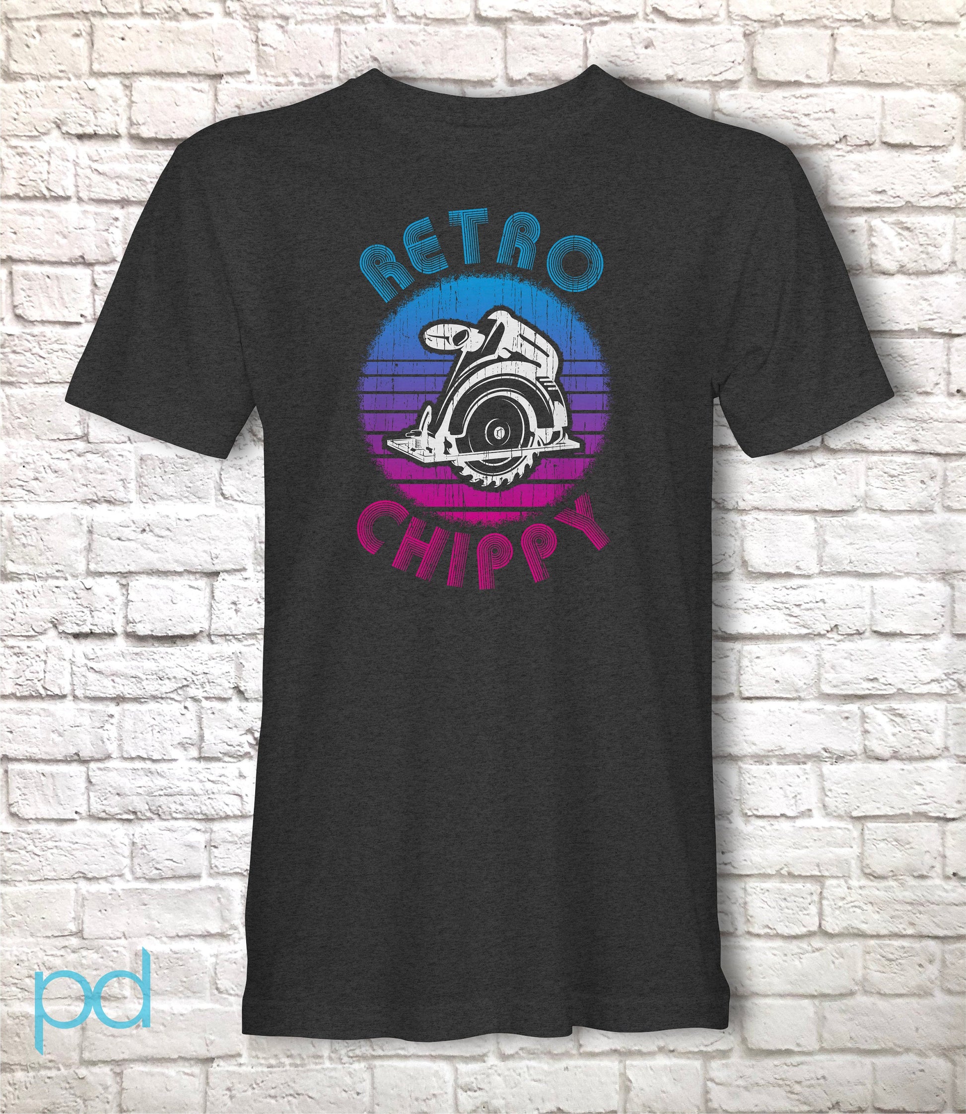 Funny Carpenter T-Shirt, 80s Neon Retro Chippy Gift Idea, Humorous Woodworking Joiner Tee Shirt T Top, Retro Sunset 80s Style