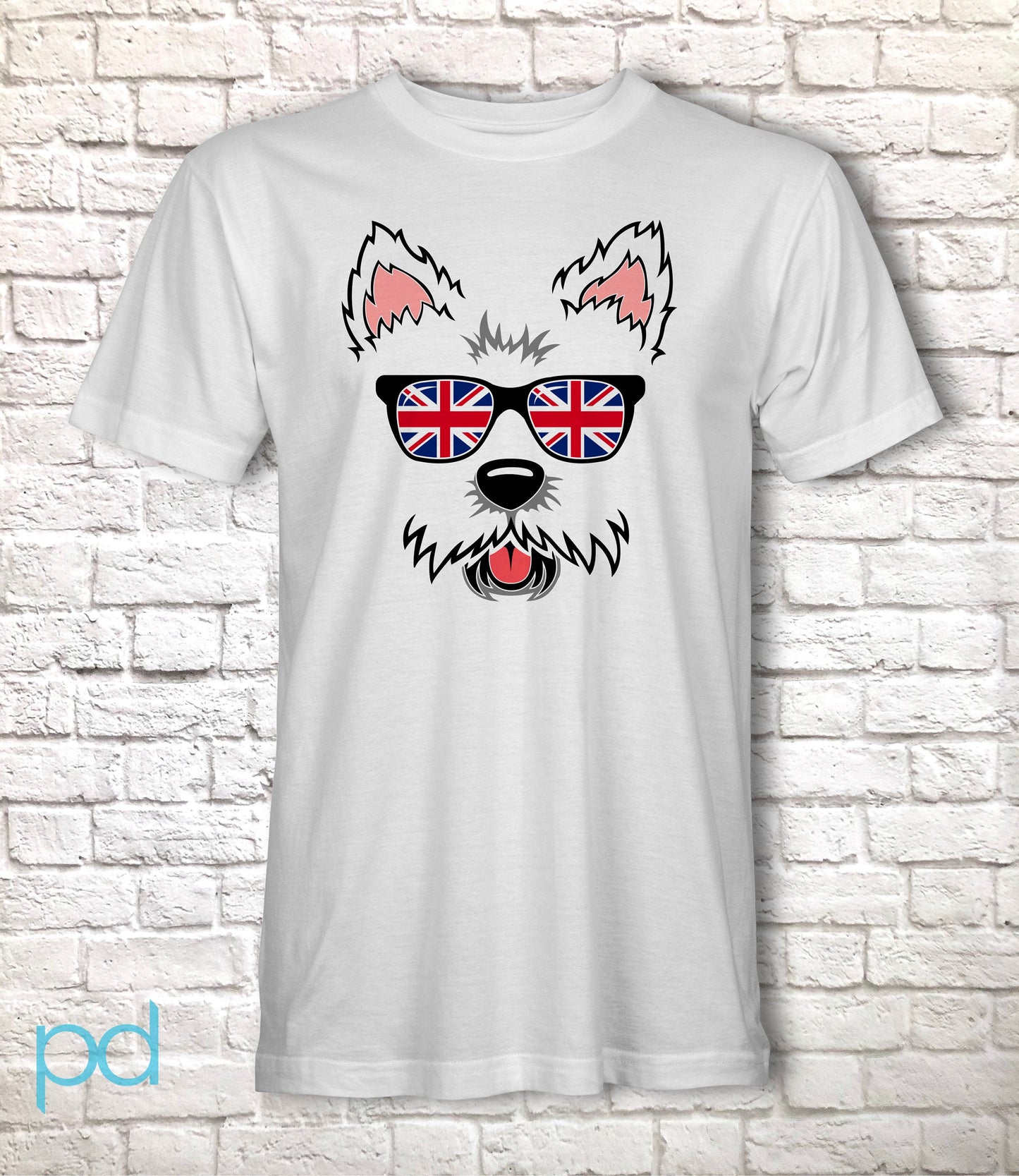 Cute Westie T-Shirt, West Highland Terrier Gift Idea, Adorable Fluffy Dog Face Tee Shirt T Top, UK Union Jack Flag Sunglasses