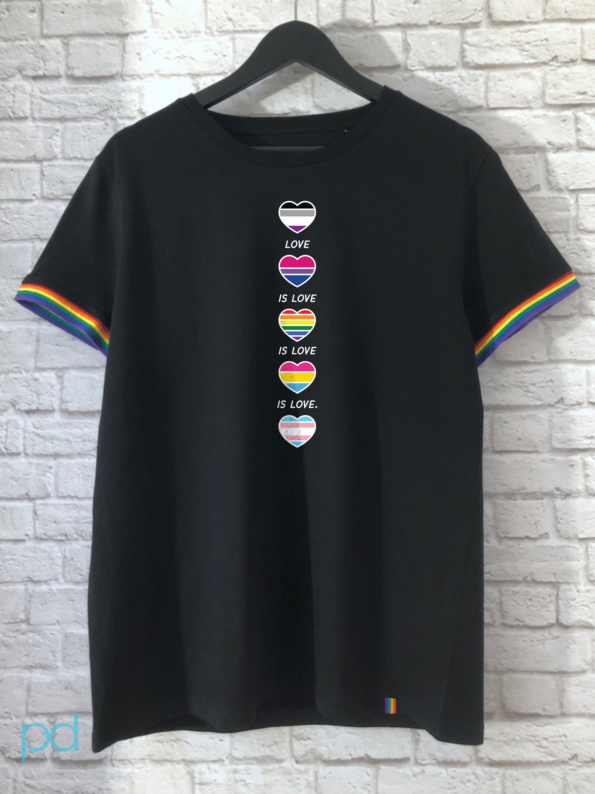 Pride Hearts Rainbow T-Shirt, Love Is Love Is Love Tee Shirt, Gay Pride Heart Gift Idea, LGBTQ+ Heart-shaped Flags Top
