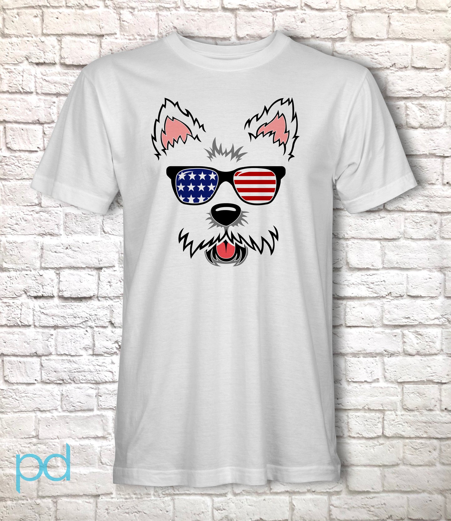 Cute Westie T-Shirt, West Highland Terrier Gift Idea, Adorable Fluffy Dog Face Tee Shirt T Top, USA Stars & Stripes Flag Sunglasses