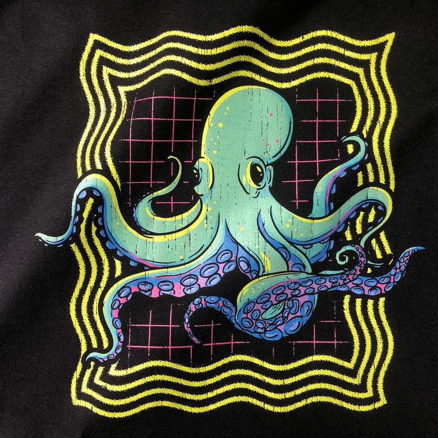 Neon Octopus T-Shirt, Retro 80s Disco Gift Graphic Print Tee Shirt Top