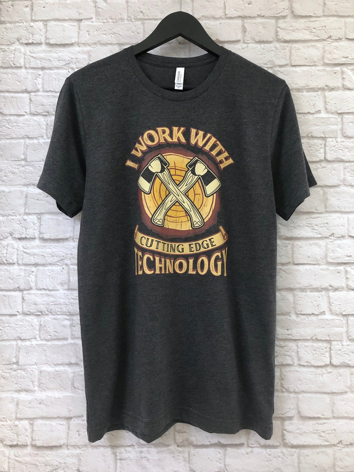 Funny Lumberjack Woodwork T-Shirt, I Work With Cutting Edge Technology Pun Gift Idea, Humorous Arborist Axes Graphic Print Tee Shirt Top