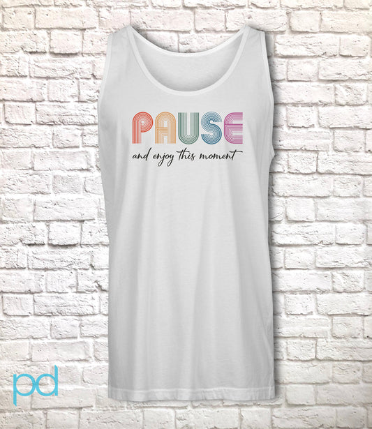 PAUSE Tank Top, Calm Reflection Birthday Gift Vest in Retro Vintage 70s style, Chill Relax Unisex Tank Top For Men or Women