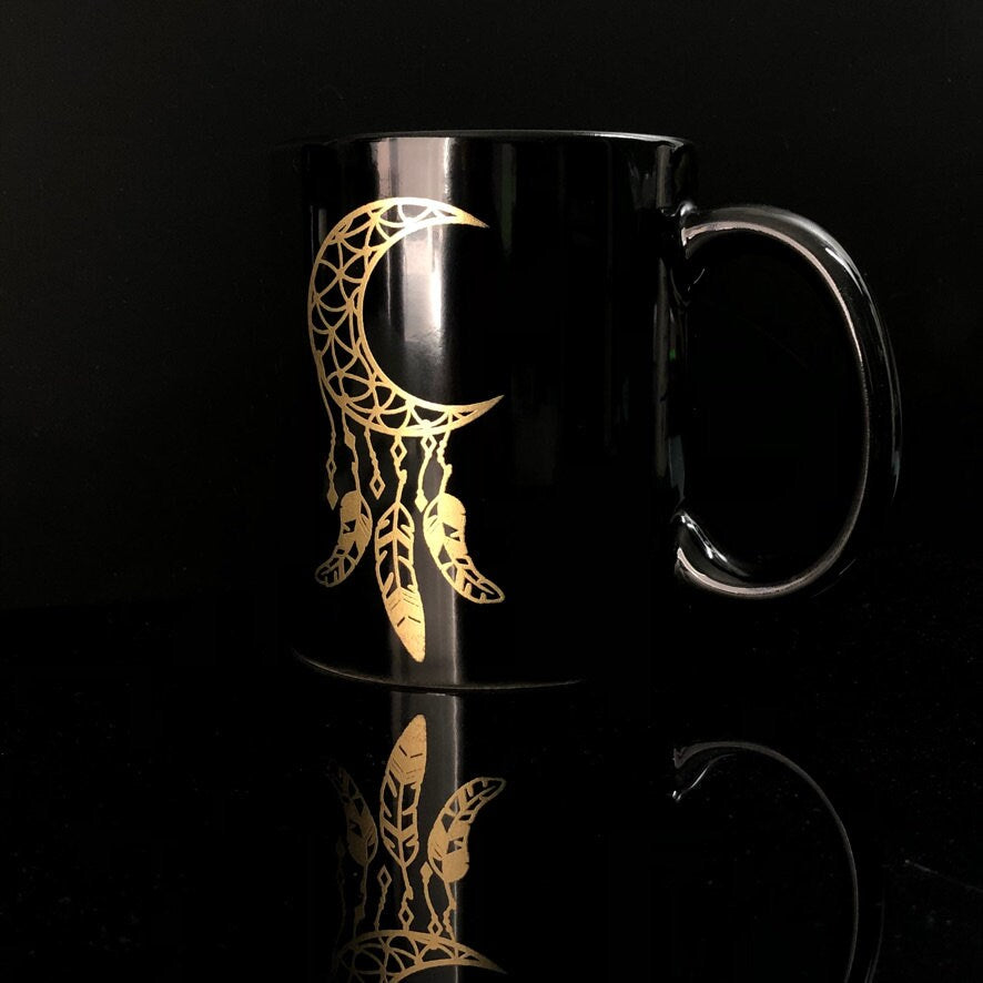 Dreamcatcher Mug, Boho Celestial Moon & Feathers Black Gloss Mug, Metallic Dream Catcher Birthday Gift Gold Silver Rose Gold