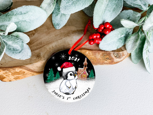 Cute Personalised Christmas Bauble Decoration, Xmas Tree Flat Disc Decoration to hang with Red Ribbon