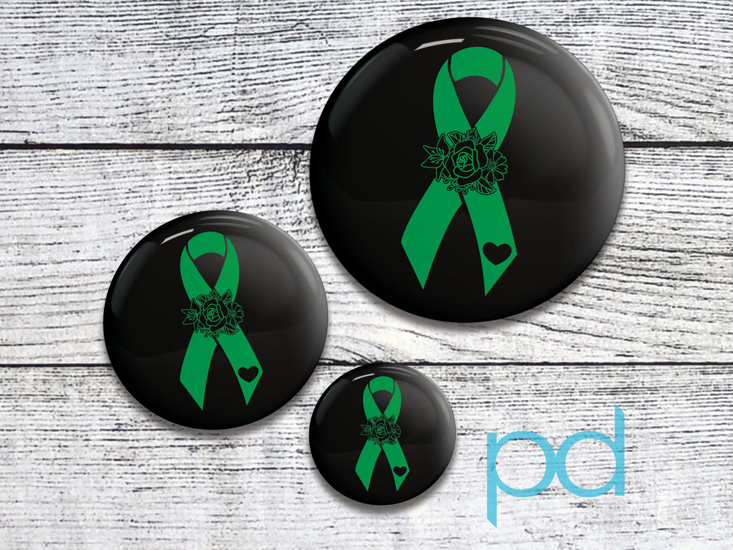 Mental Health Awareness Pin Badge, Green Awareness Ribbon & Heart Pin Back Button Badge