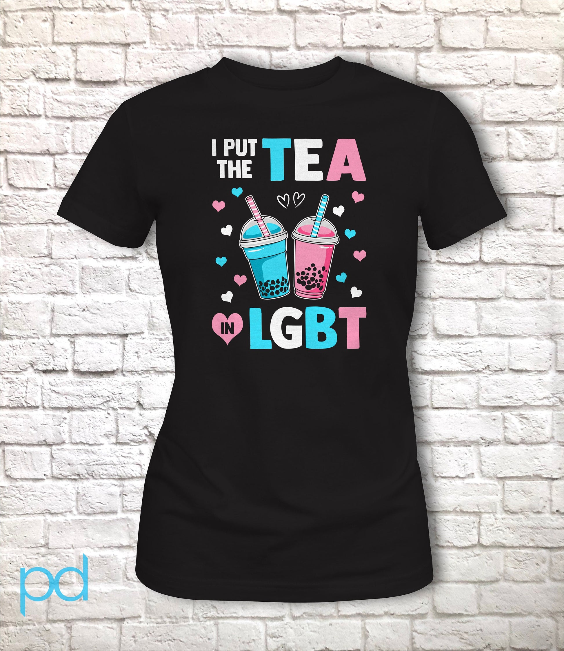 I Put The Tea In LGBT Shirt Fitted Cut Style, Funny Trans Gift Idea, Humorous Transgender Bubble Tea Boba Pun Fitted Tee T-Shirt Top