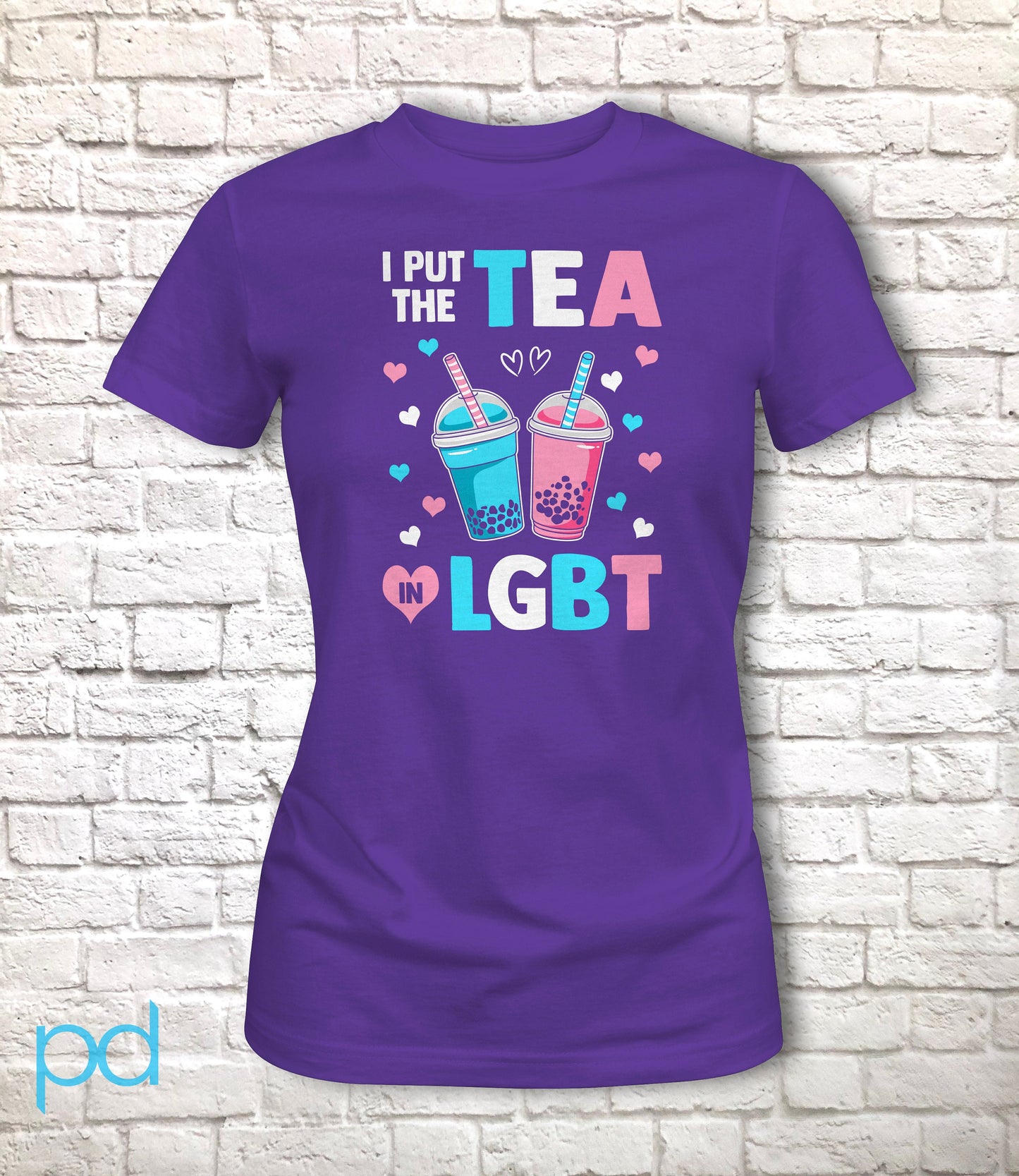 I Put The Tea In LGBT Shirt Fitted Cut Style, Funny Trans Gift Idea, Humorous Transgender Bubble Tea Boba Pun Fitted Tee T-Shirt Top