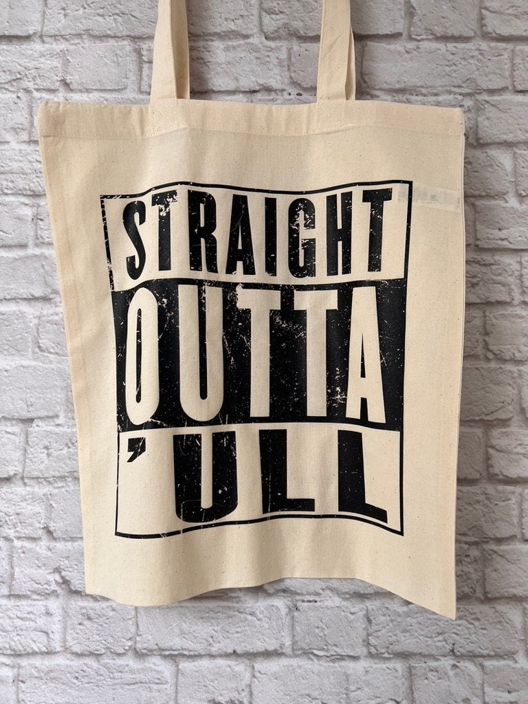 Funny Hull Tote, Straight Outta 'ull (Hull) White Funny Compton NWA Style Organic Cotton/Denim Tote Bag