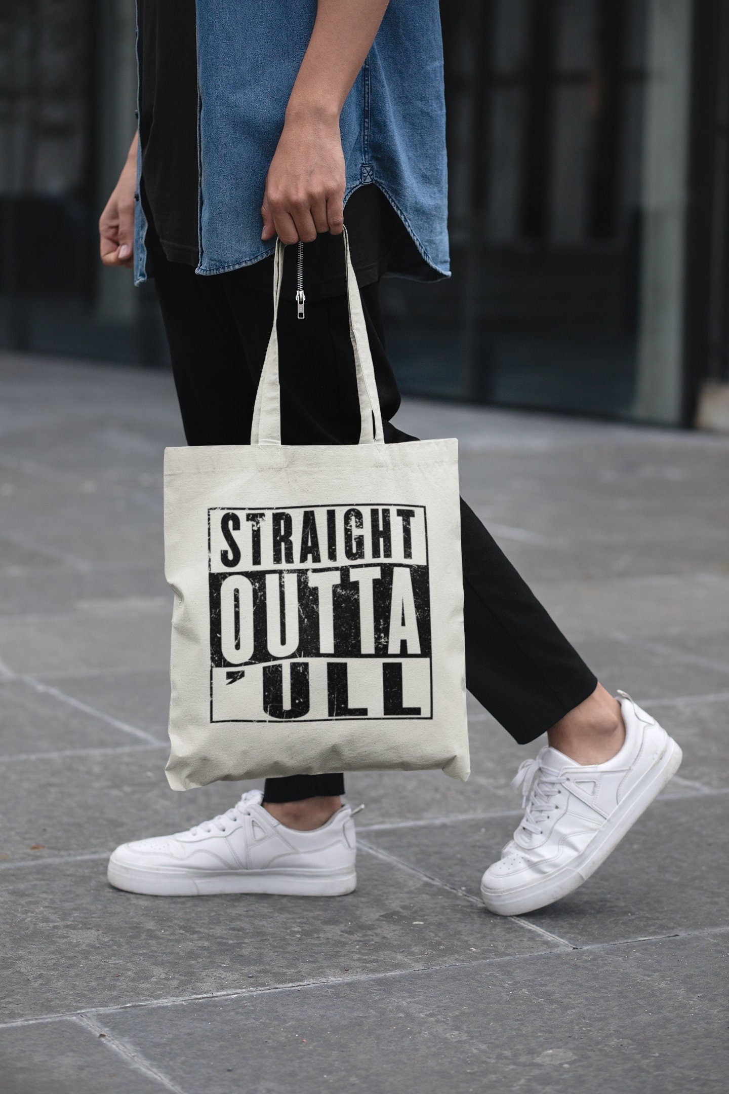 Funny Hull Tote, Straight Outta 'ull (Hull) White Funny Compton NWA Style Organic Cotton/Denim Tote Bag