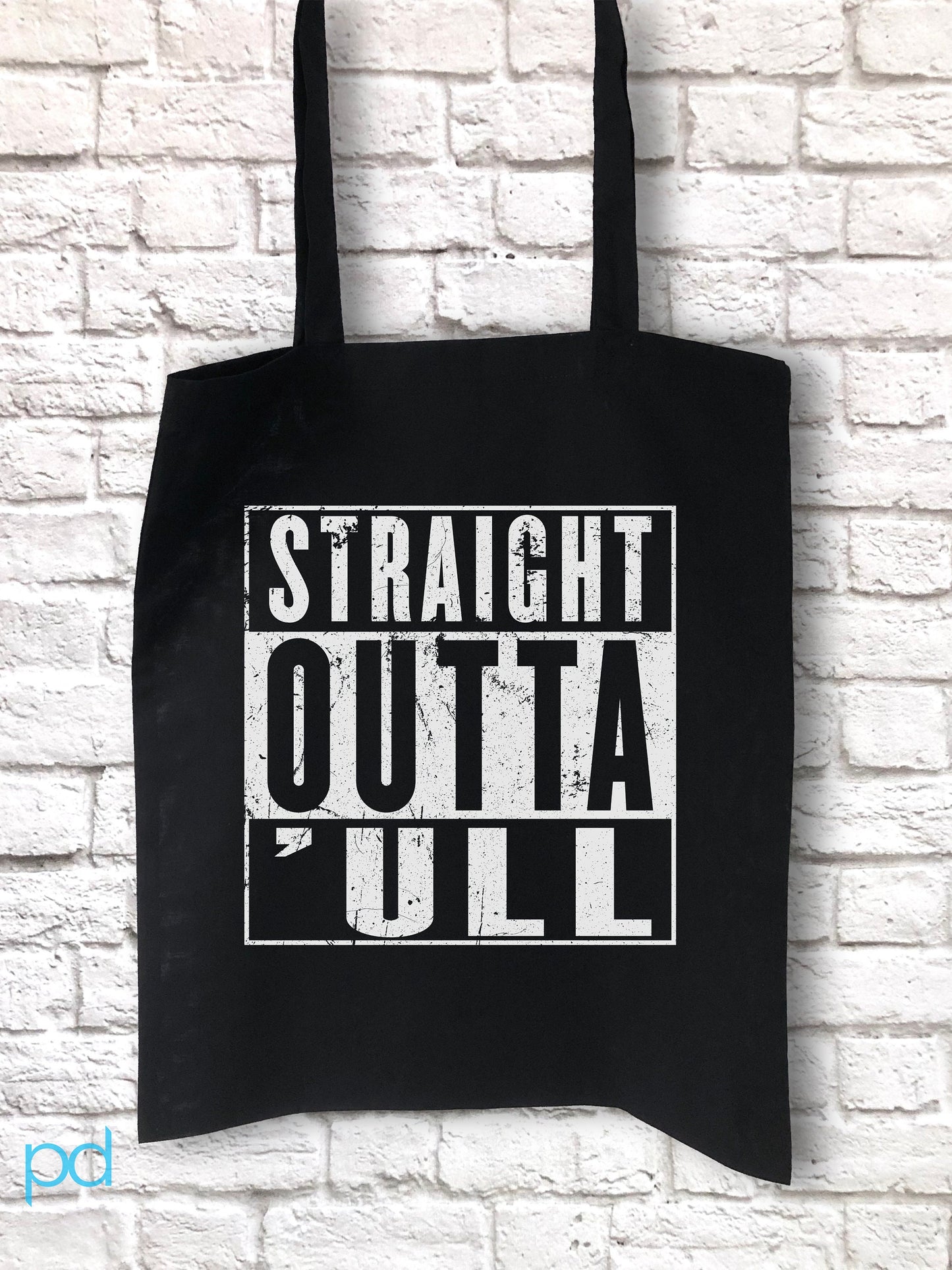 Funny Hull Tote, Straight Outta 'ull (Hull) White Funny Compton NWA Style Organic Cotton/Denim Tote Bag