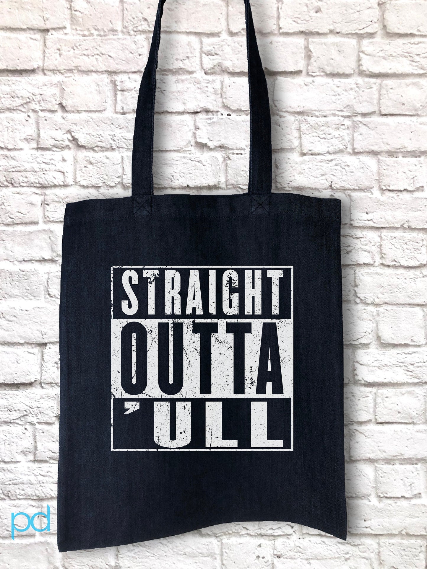 Funny Hull Tote, Straight Outta 'ull (Hull) White Funny Compton NWA Style Organic Cotton/Denim Tote Bag